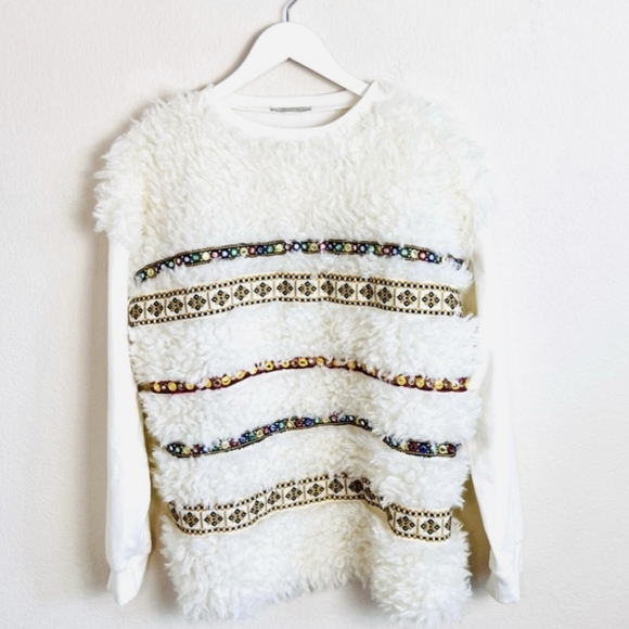Zara Embroidered Embellished Shaggy Sweater Mongolian Shearling Fur Look - Picture 8 of 10